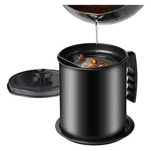 Cambom Bacon Grease Container with Fine Mesh Strainer, 1.3 L/almost 6 full cups Iron Cooking Oil Can with Removable a Coaster Tray for Kitchen Fat Storage