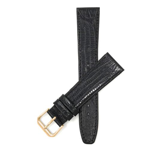 Bandini 18mm Italian Leather Watch Band Strap - Black - Lizard Pattern - Slim - Gold Buckle