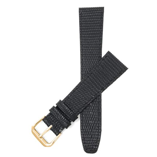 Bandini Extra Long (XL) 12mm Womens Italian Leather Watch Band Strap - Black - Lizard Pattern - Slim - Gold Buckle