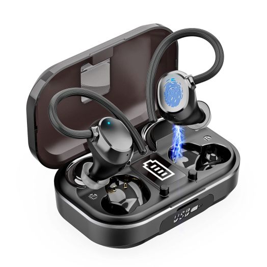 Wireless Earbuds Bluetooth 5.3 Headphones 48hrs Sports Bluetooth Earbuds IP7 Waterproof Over-Ear buds with Earhooks Immersive Bass Earphones Built-in Mic LED Display Headset for Workout Running Black