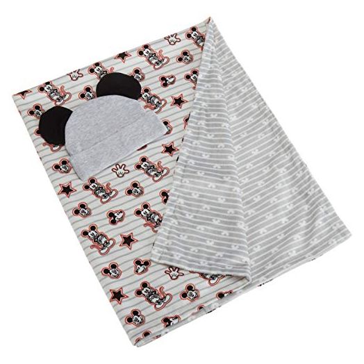 Cudlie Disney Baby Boy Mickey Mouse Reversable Double Sided Mink Blanket & Grey Micky Cap with Ears