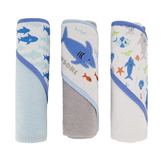 Cudlie Buttons & Stitches Baby Boy 3 Pack Rolled/Carded Hooded Towels in Jawsome Print (GS71723)