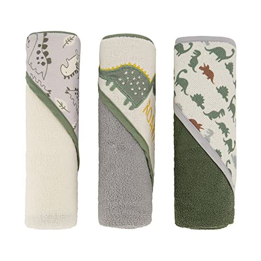 Cudlie Buttons & Stitches Baby Boy 3 Pack Rolled/Carded Hooded Towels in Dino Roar Print (GS71721)