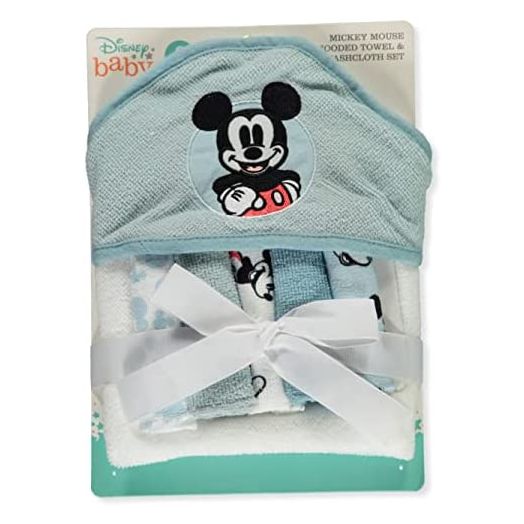 Cudlie Accessories Disney Baby Mickey Mouse Hooded Towel with 5 Piece Washcloth Set, Cool Style Print, GS71795 Blue one size