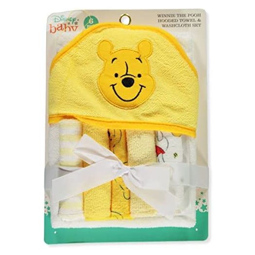 Cudlie Accessories Disney Baby Winnie The Pooh Hooded Towel with 5 Piece Washcloth Set, Honey Collector Print, GS71798, Yellow