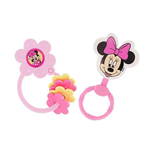 2 Pack Disney Minnie Mouse Character Shape Rattle and Keyring Teether, Premium Toddler Birthday Toys, Infant Teething Toys, Great for Newborn Shower Gifts