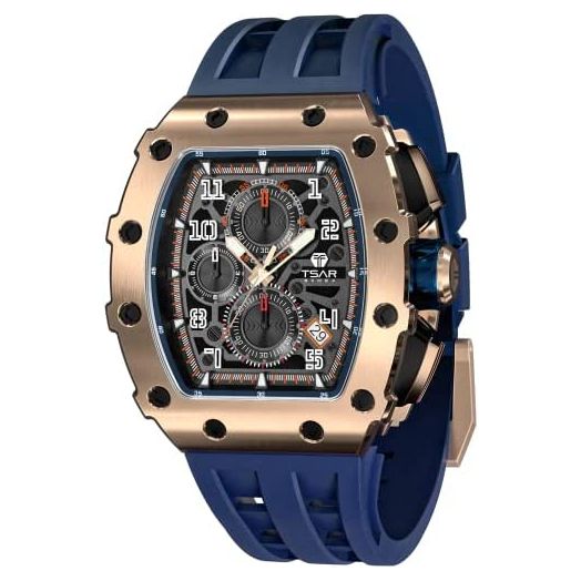 TSAR BOMBA Watch for Men, 50M Waterproof Mens Watches, Luxury Tonneau Black Watch with Silicone Watch Bands, Japanese Quartz Movement Chronograph, Gifts for Men