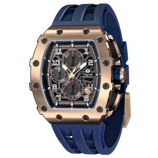 TSAR BOMBA Men's Watch Luxury Square Tonneau 50M Waterproof Stainless Steel Sapphire Chronograph Date Multifunction Japanese Quartz Movement Fashion Unique Cool Design Elegant Gift Rubber Strap Watch