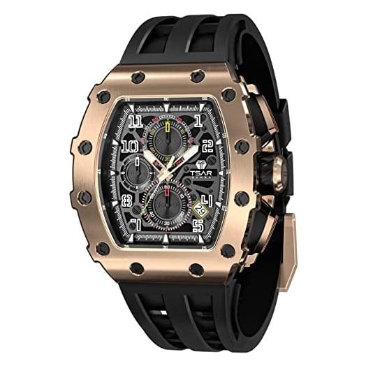 TSAR BOMBA Watches Men Watch Strap 22mm Tonneau Men's Stopwatch Timer Waterproof 5ATM Japanese Quartz Analog Movement Silicone Watch for Men Golf Wrist Watches Unique Elegant Gift