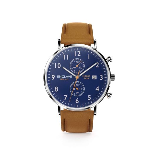 Enclave Pilot 41 Stainless Steel Quartz Chronograph Watches for Men with Analog Date (Navy/Brown Suede)