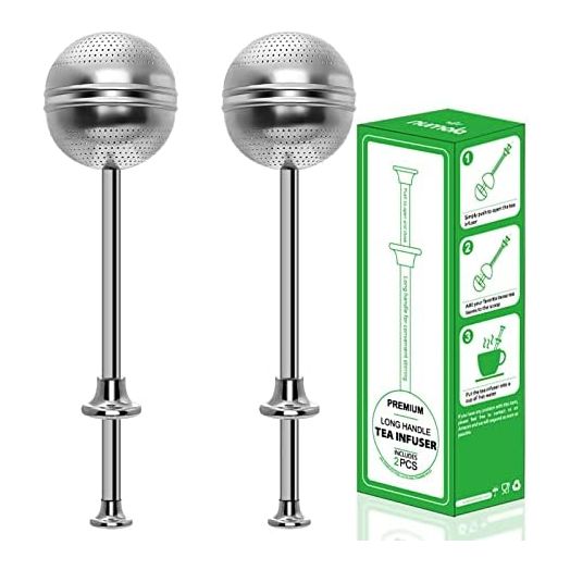 Numola Long Handle Tea Ball, 2Pcs Stainless Steel Tea Infuser for Loose Leaf Tea, Premium Tea Strainers & Filters with Handle for Cup and Teapot, Reusable Fine Mesh Tea Interval Diffuser