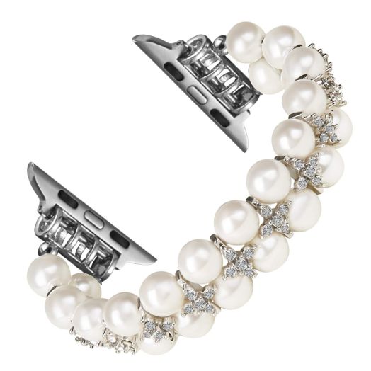 GEMEK Pearl Bracelet Compatible with Apple Watch Band 38/40/41mm iWatch Series 9/8/7/6/5/4/3/2/1, Artificial Elastic Stretch Bling Diamond Jewelry Wristband Replacement Strap for Women (White)