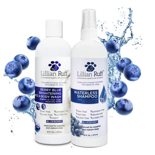 Lillian Ruff Berry Blue Brightening Face and Body Shampoo & Waterless Shampoo Set for Dogs & Cats - Tear Free Blueberry Conditioner & Waterless Shampoo - Remove Tear Stains Brighten & Whiten Coats