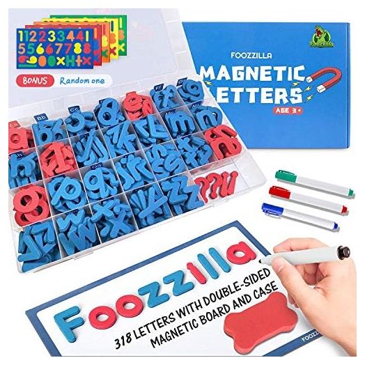 FOOZZILLA Magnetic Letters and Numbers Kit 286 Pcs with Double Side Magnetic Board - Foam Alphabet Letters for Kids Learning ABC and Classroom Educactional Spelling with Storage Box