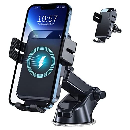 Wireless Car Charger, 15W Auto Clamping Car Charger, Dash Windshield Air Vent Car Mount Phone Holder Compatible with iPhone 13/13 Pro/12 pro/12/11/X/8, Samsung S20/S10/S9/S8/Note10/Note9