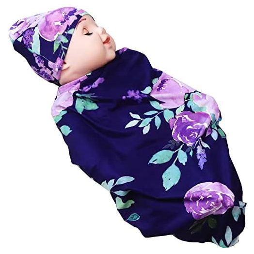 Newborn Swaddle Blanket with Beanie Set,Soft Stretchy Blanket for 0-3 Months Baby Boys and Girls(Purple Flower)