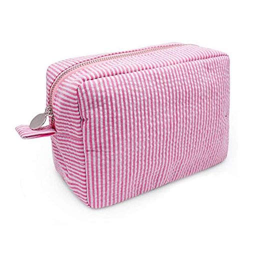 GFU Seersucker Cosmetic Bag, Large Makeup Pouch Travel Toiletry Case with Zipper Closure Seersucker Cosmetic Organizer for Women Girls (Pink)