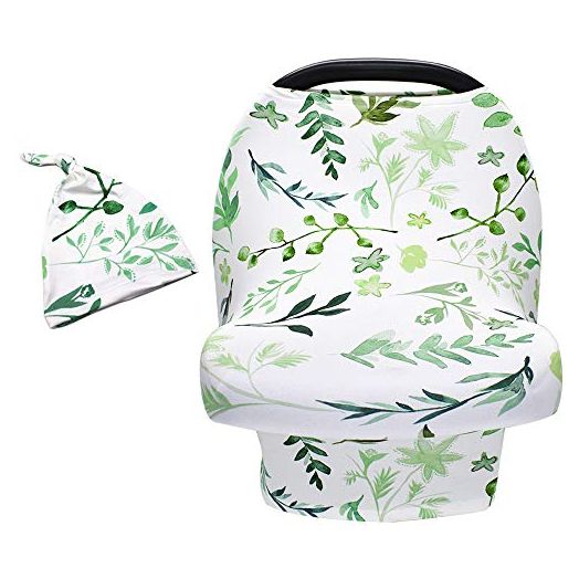 Green Leaf Carseat Cover & Hat for Babies, Infant Car seat Canopy for Boys Girls, Breastfeeding Nursing Cover, Breathable Stretchy, Multi-use Cover for Stroller High Chair Shopping Cart