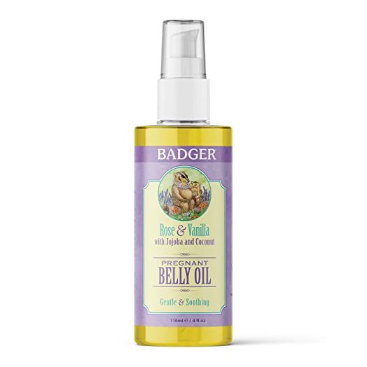 Badger - Pregnant Belly Oil, Rose & Vanilla, Certified Organic, Gentle & Soothing, Jojoba & Coconut Oil, Belly Oil for Stretched Skin During & After Pregnancy, 4 fl oz