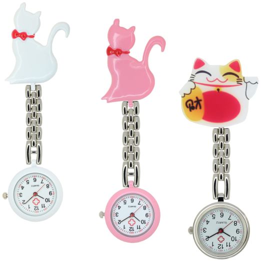 FobTime Adorable Pussycat Hanging Watches Lucky Cat Pocket Watches Nurse Watches Maneki Neko Medical Watches