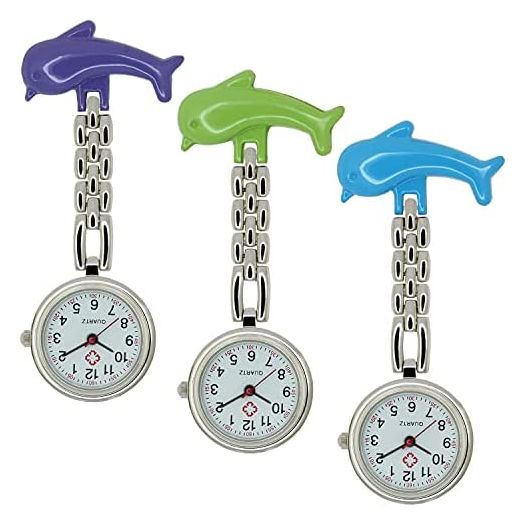 Women Dolphin Quartz Lapel Hanging Medical Nurse Portable Round Dial Durable Pin Buckle Stainless Steel Watches