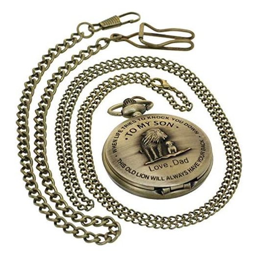 Bronze Quartz Pocket Watch Engraved to My Son Love Dad Fob Large Arabic Markers with 1 PC Necklace Chain 1 PC Clip Key Rib Chain