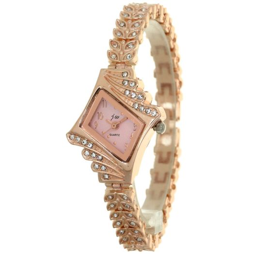 Women Rose Gold Designer Crystal Watch with Matching Crystal Prismatic Case Rhinestone Mounted Wheat Ears Bracelet Band Fashion Wristwatch