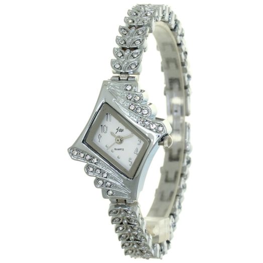 Women Crystal Watch Dress Clock Classic Silver Fashion Casual Jewelry Watch Prismatic Case Rhinestone Mounted Wheat Ears Bracelet Band Fashion Wristwatch