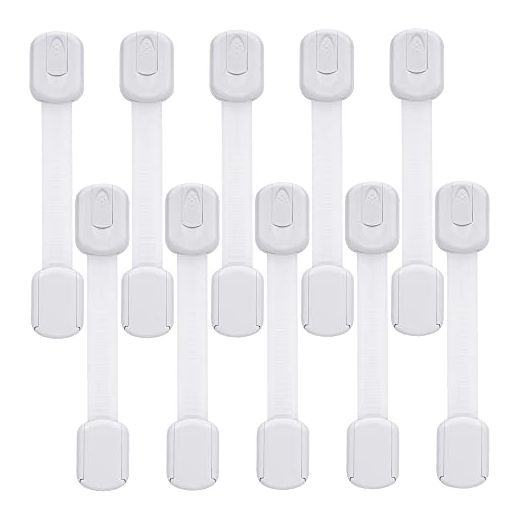 Child Safety Cabinet Locks - (10 Pack) Baby Proofing Latches to Drawer Door Fridge Oven Toilet Seat Kitchen Cupboard Appliance Trash Can with 3M Adhesive - Adjustable Strap No Drill No Tool