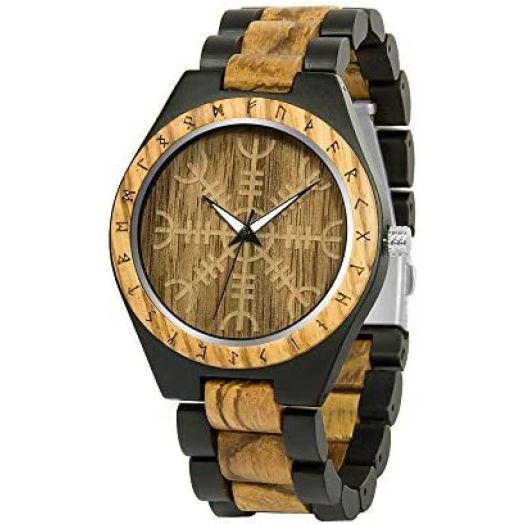 VikingsBrand Viking Ivar Wooden Watch with Helm of Awe Viking Symbol & Engraved Die in Battle & Go to Valhalla Saying and Runic Circle