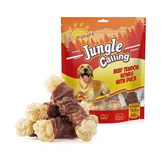 Jungle Calling Beef Tendons for Dogs, Duck Wrapped Tendons Dog Chews Long Lasting Hip and Joint Supplement for Dogs with Glucosamine (Knotted Bone)