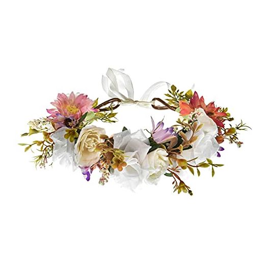 Funsveta Women Girls Boho Rose Floral Crown Wreath Wedding Flower Headband Photo Prop (White)