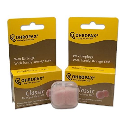 2 Pack of Ohropax Reusable Wax/cotton Ear Plugs (24 Plugs Total) with Clear Carrying Case