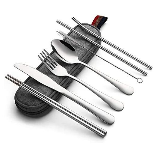 DEVICO Portable Utensils, Travel Camping Cutlery Set, 8-Piece including Knife Fork Spoon Chopsticks Cleaning Brush Straws Portable Case, Stainless Steel Flatware set (Silver)