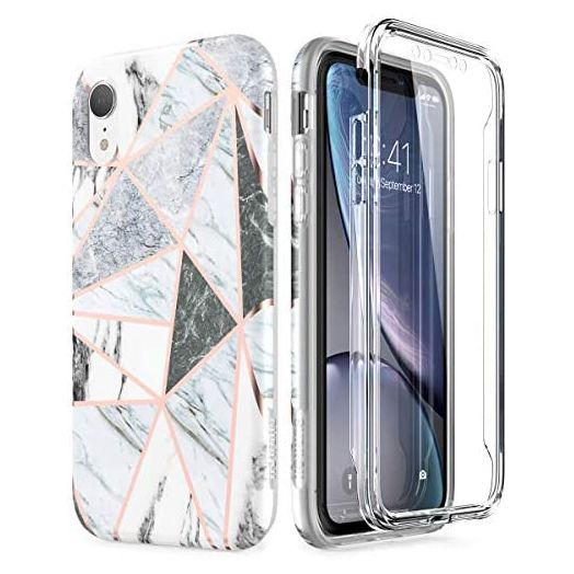SURITCH Case for iPhone XR, [Built-in Screen Protector] Cute Geometric Marble Full-Body Protection Shockproof Rugged Bumper Protective Cover Compatible with iPhone XR 6.1 Inch (Gray Marble)
