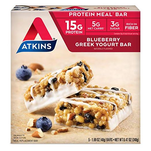 Atkins Blueberry Greek Yogurt Protein Meal Bar. Rich in Fiber. Keto-Friendly. (5 Bars)
