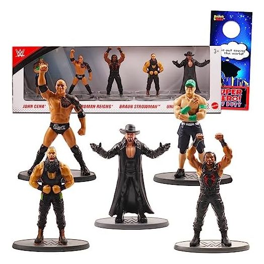 WWE 5-Pack Mini Action Figures with John Cena, The Rock & More, Ninja Stickers and Door Hanger - Party Supplies