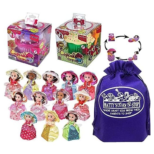 Cupcake Surprise Transforming Scented Princess Dolls Gift Set Bundle with Bonus Matty's Toy Stop Storage Bag - 2 Pack (Colors & Styles are Assorted & May Vary)