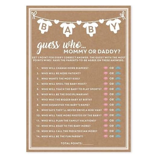 Party Hearty Baby Shower Games for Girl or Boy, 50 pcs Mommy or Daddy Guess Who Game, Fun Activity Cards, Gender Neutral, Baby Shower Ideas