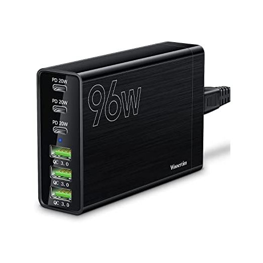 USB C Charger, Wuoertim 96W 6 Port USB C Charging Station, Portable Multiport USB C Wall Charger PD Fast Adapter with 3 USB-C Ports +3 USB-A Ports for iPhone 14 13 Pro Max, iPad Series, Samsung Galaxy
