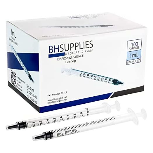 1ml Syringe Sterile with Luer Slip Tip - 100 Syringes by BH Supplies (No Needle) Individually Sealed