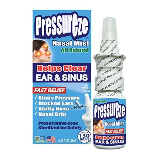 Pressureze All Natural Preservative-Free Sterile Nasal Spray - Fast Relief Nasal Spray - for Sinus Allergies Congestion Blocked Ears Loud Snoring | 130 Sprays, 18 ml