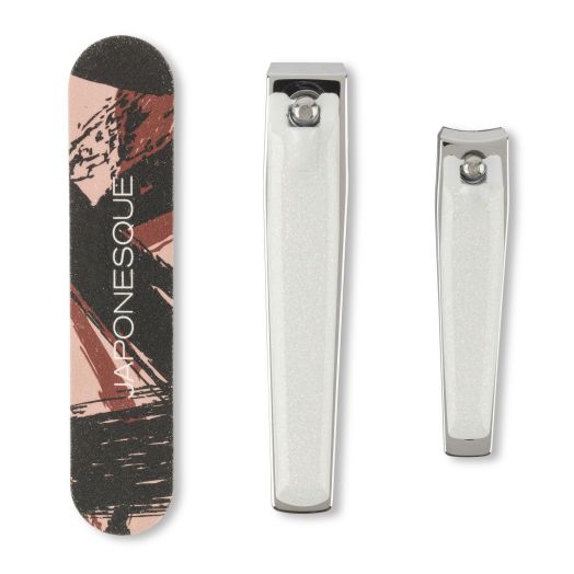 Japonesque White Glitter Finger Nail & Toe Nail Clipper with Nail File, Nail Perfecting Trio, 3 Piece