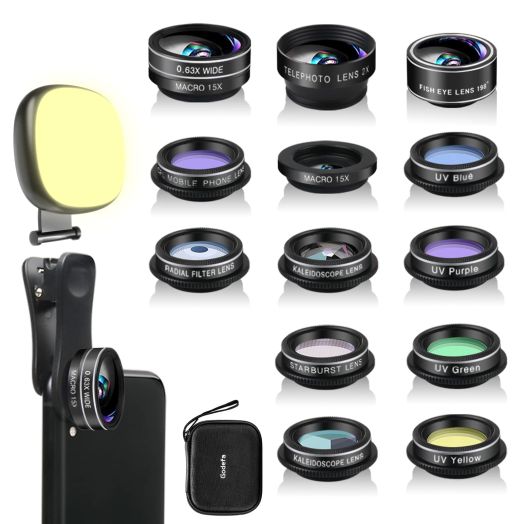 Phone Camera Lens Kit, 14 in 1 Lenses with Selfie Light for iPhone 14 13 12 11 Xs X Pro Samsung and Other Andriod Smartphone, Universal Clip on Wide Angle+Macro+ Fisheye Camera Lenses
