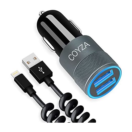 COYZA Fast Car Charger Adapter, Compatible with iPhone 13/12/11/Pro Max/Pro/Mini/X/XS/XS MAX/XR/SE 2020/8 Plus/8/7 Plus/7/6s/6/5/SE, 3.1A Dual USB Ports with Coiled Charging Cable Cord