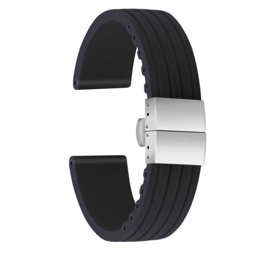 ULLCHRO Silicone Watch Strap Replacement Rubber Watch Band Waterproof Stripe Pattern - 16mm, 18mm, 20mm, 22mm, 24mm Watch Bracelet with Stainless Steel Deployment Buckle (24mm, Black)