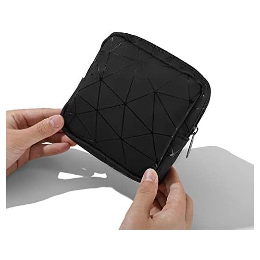 Sanitary Napkin Storage Bag,Menstrual Cup Pouch,Girls Travel Geometric Stitching Small Makeup Sanitary Pads Organizer,Small,Portable,Large Capacity (Black)