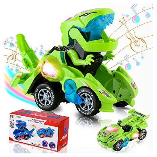Transforming Dinosaur Car Toys, Transforming Dinosaur LED Car with Light and Music, 2 in 1 Automatic Dinosaur Transform Car Toy, Dinosaur Transformer Toy for Kids (Green)