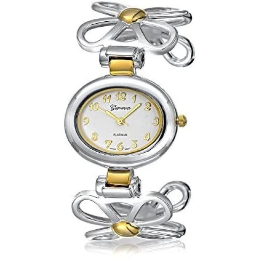 Two Tone Open Daisy Flower Band White Oval Dial Cuff Wrist Watch for Women Gold Plated Silver Tone Metal Analog Quartz
