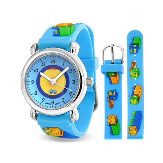 Bling Jewelry Teacher Time Quartz 3D Construction Toy Truck Wrist Watch for Teen Blue Silicone Wristband Round White Dial